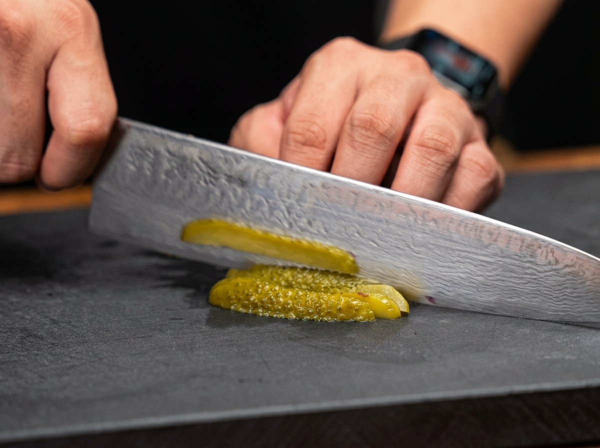 A close-up of a chefs knife finely dicing dill pickles on a dark cutting board.