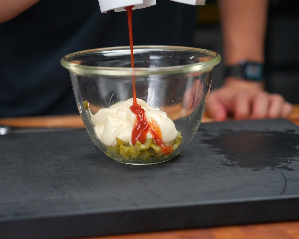 Squeezing ketchup from a red bottle into a bowl of mayonnaise and diced pickles.