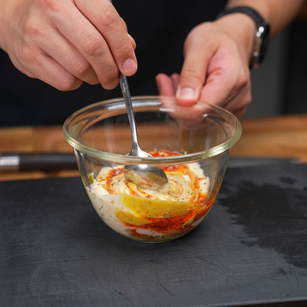 A hand using a spoon to mix mayonnaise, ketchup, mustard, and diced pickles in a glass bowl.