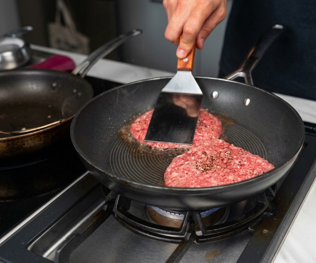 Two beef patties being seared in a hot pan with a metal spatula pressing one down against the cooking surface.