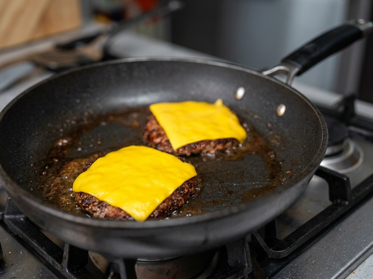 Two seared beef patties in a frying pan, each topped with a square of perfectly melted yellow cheddar cheese.
