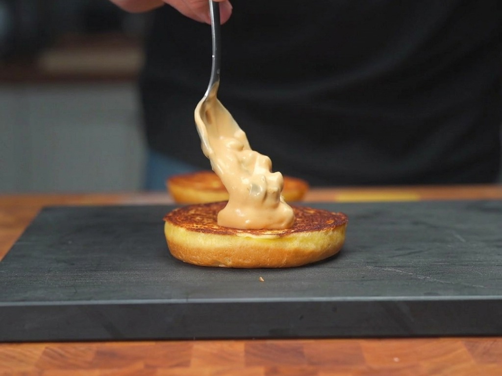 Spreading a creamy pinkish burger sauce onto a toasted brioche bun with a metal spoon.