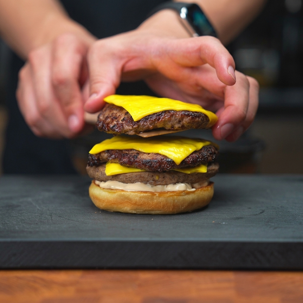 A hand using a spatula to place a second cheese-topped beef patty onto a stack on the bottom half of a toasted burger bun.