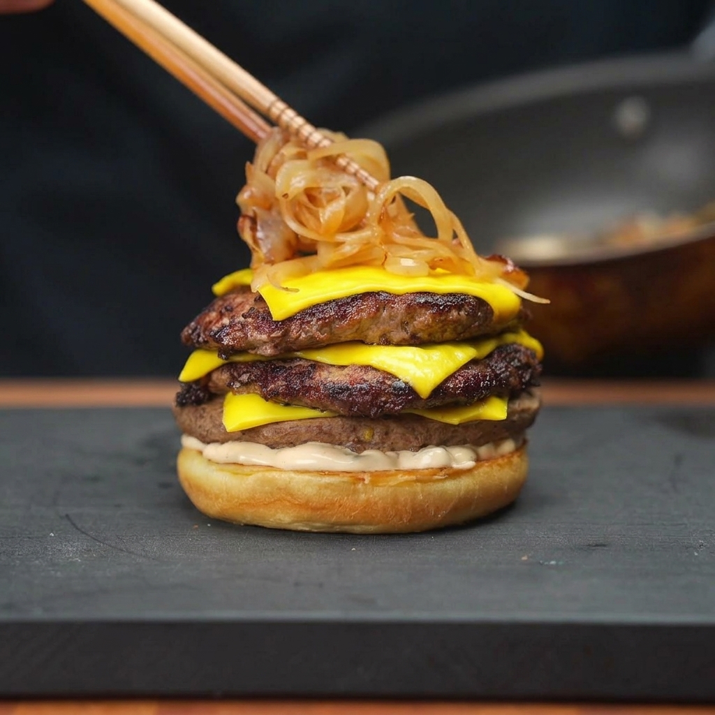 Placing a mound of soft brown caramelized onions onto a double cheeseburger using wooden chopsticks.
