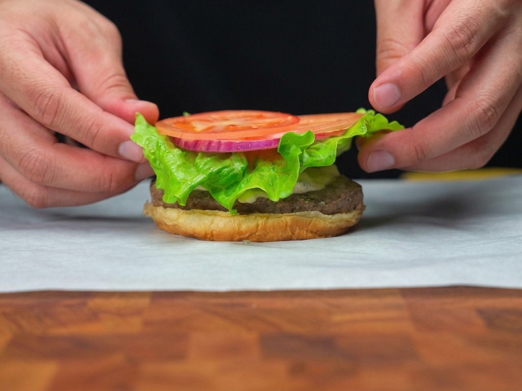Layering fresh green lettuce and a slice of tomato onto a cooked beef patty.
