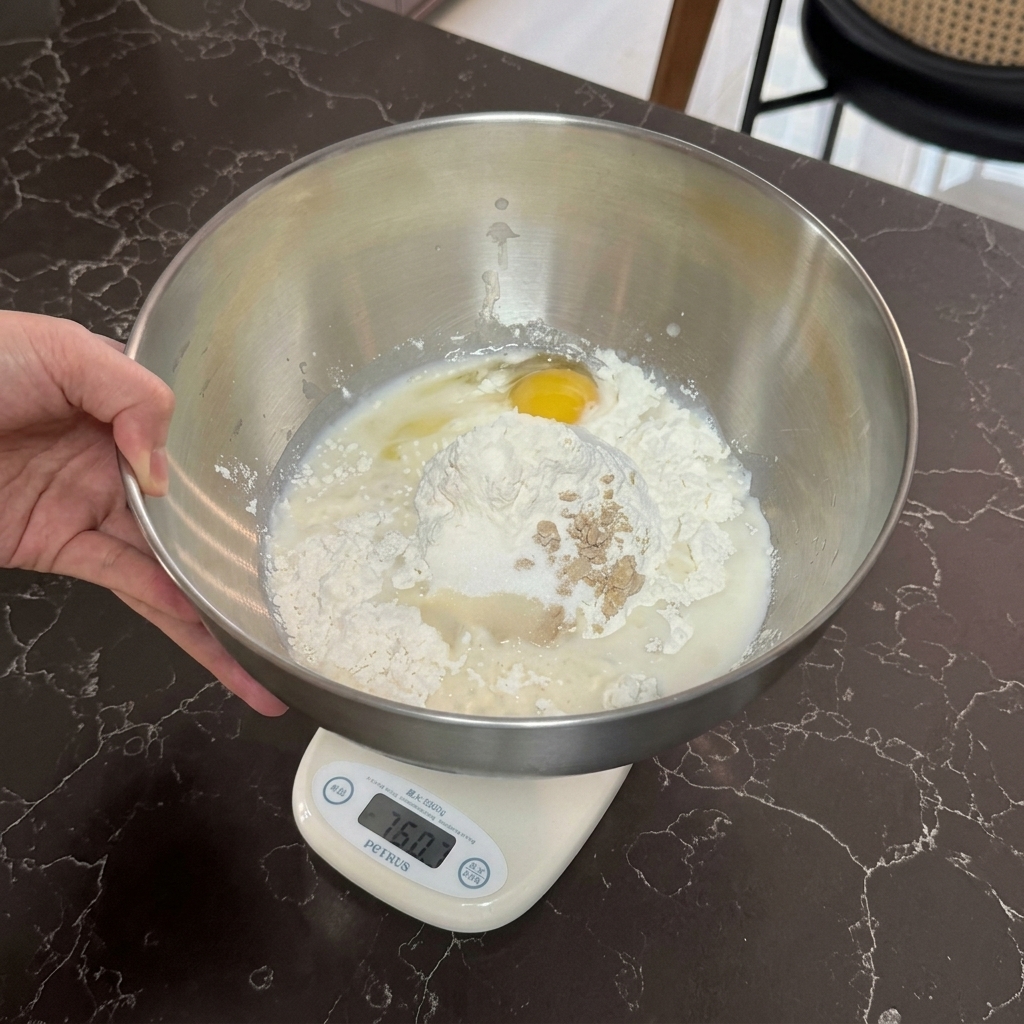 A stainless steel bowl on a kitchen scale filled with milk, an egg, and a mound of flour topped with dry yeast.