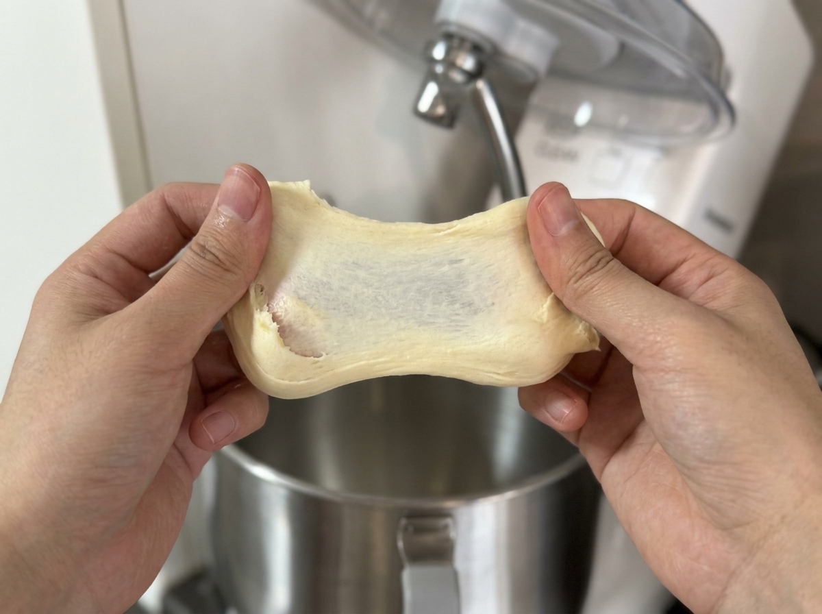 Two hands gently stretching a small piece of dough to reveal a thin, translucent web or film.
