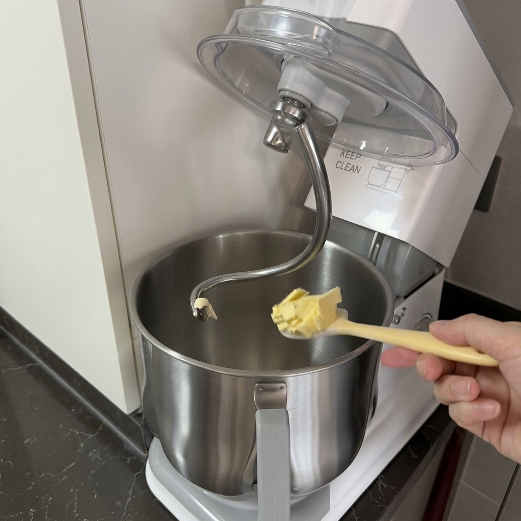 A hand using a spatula to add a cube of yellow butter into a stainless steel stand mixer bowl containing bread dough.