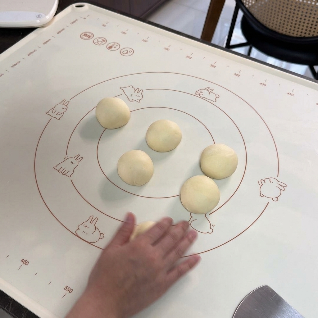 A hand rolling a small piece of pale dough into a sphere on a white silicone mat decorated with rabbit illustrations.