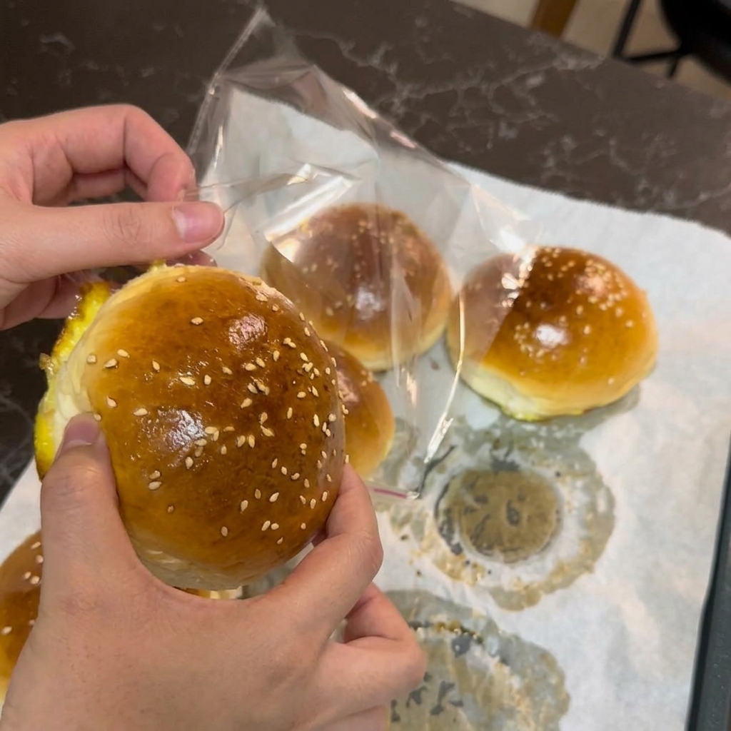 A person sliding a baked sesame seed burger bun into a clear plastic food storage bag.