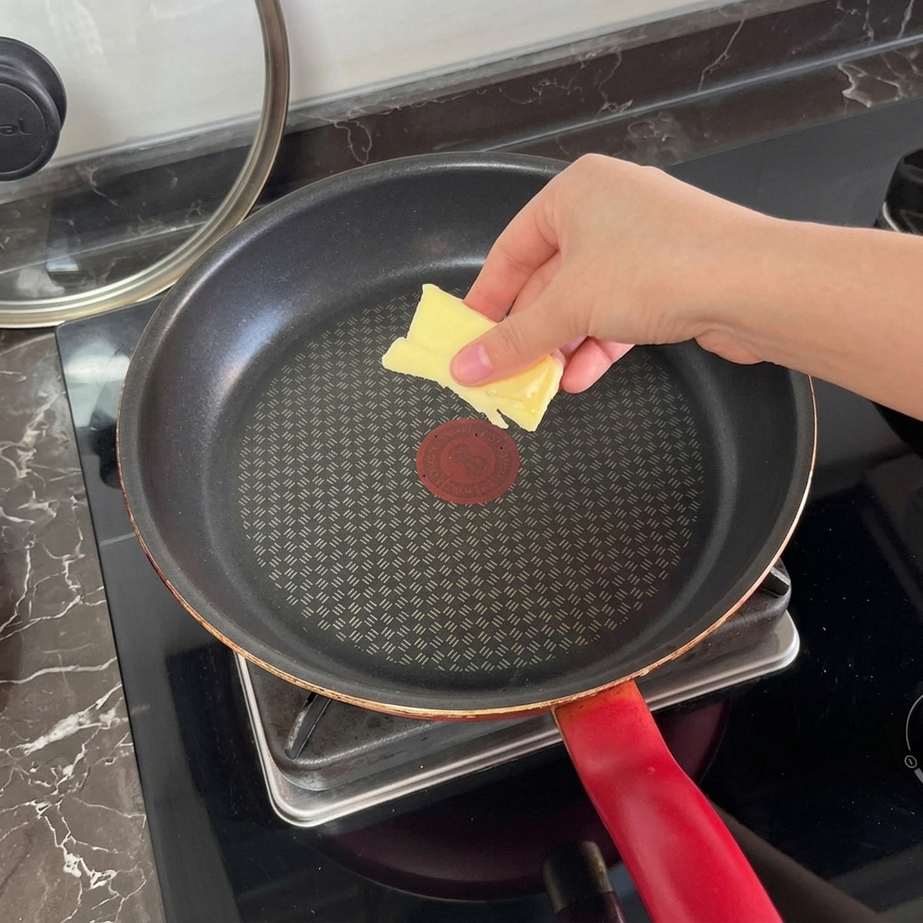 A hand placing a rectangular slice of pale yellow butter into the center of a hot, black non-stick frying pan.