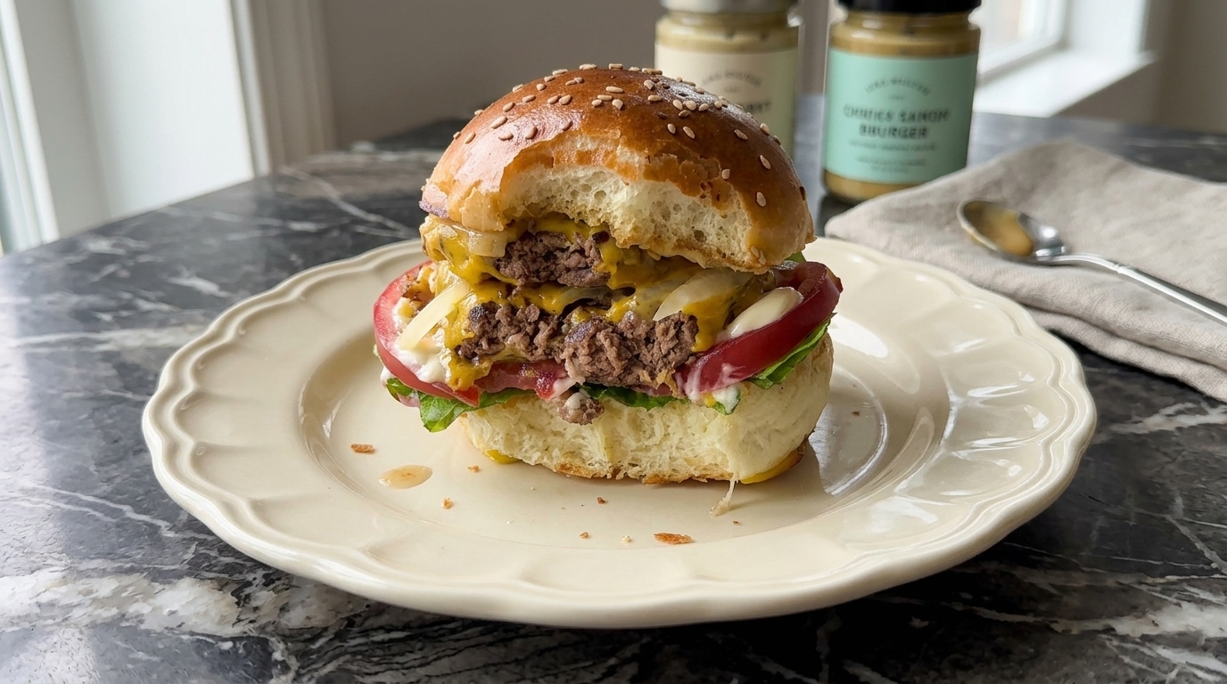Homemade Double Cheeseburger with Fluffy Sesame Buns