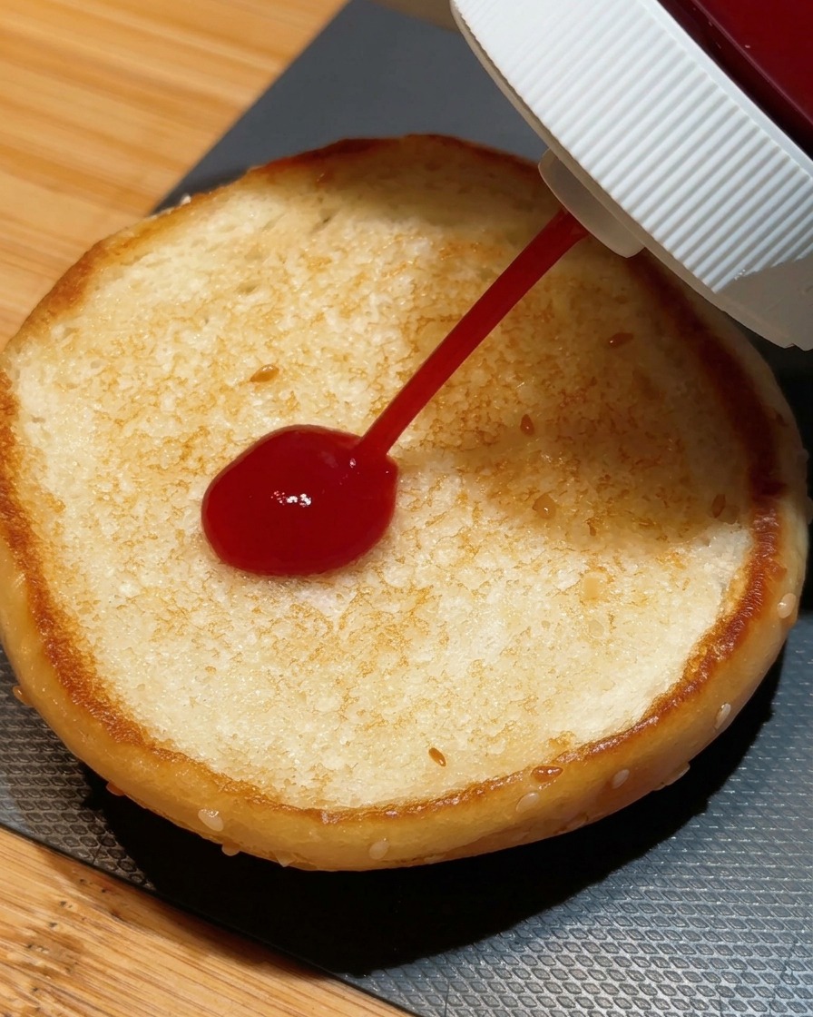 Squeezing a dollop of bright red ketchup from a bottle onto the toasted surface of a sesame burger bun.
