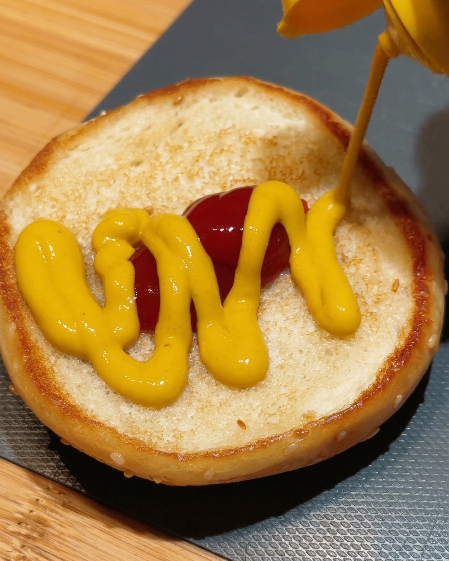 Swirling yellow mustard from a bottle over a dollop of ketchup on a toasted burger bun.