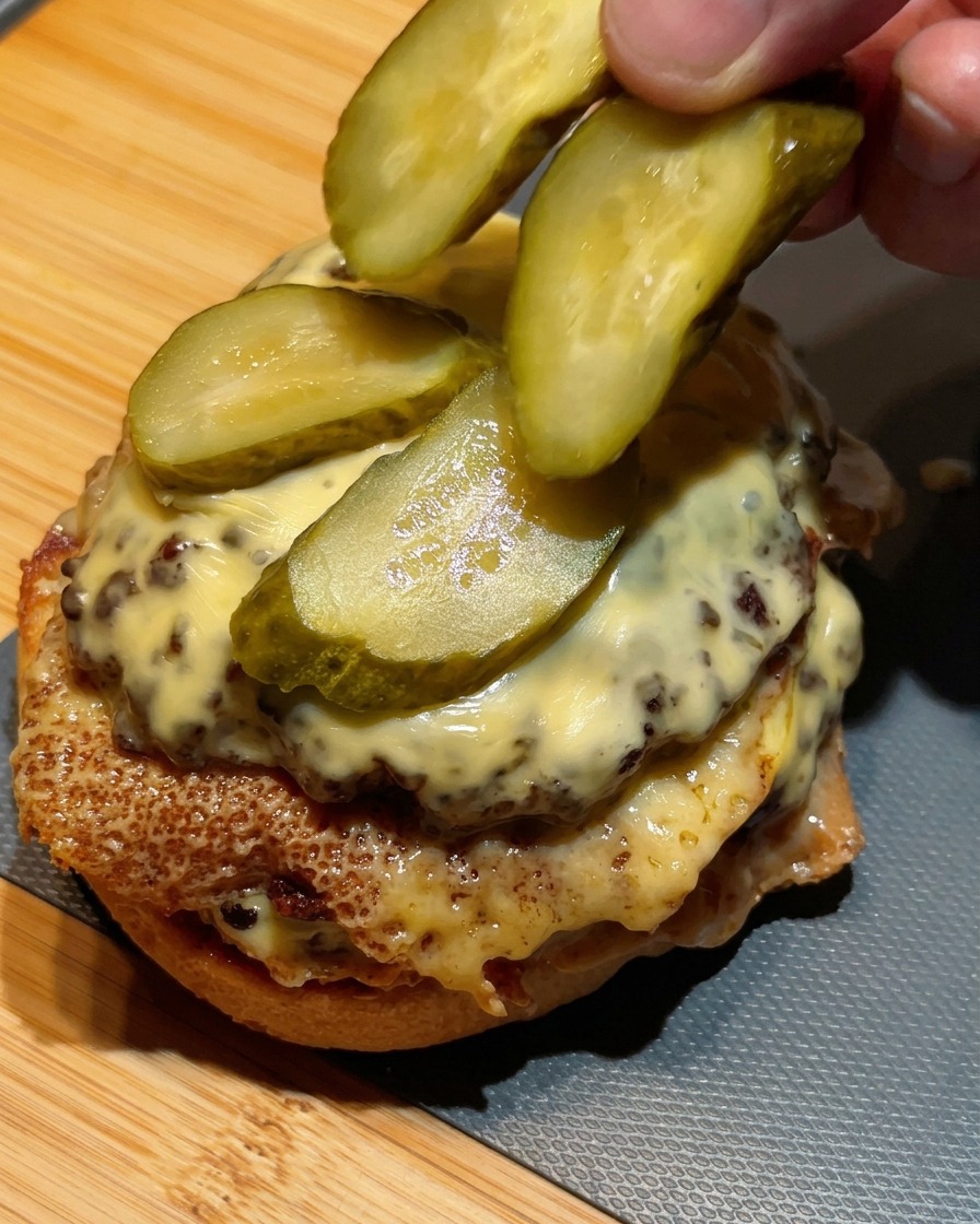 Fingers placing sliced green pickles on top of a double cheeseburger stack.