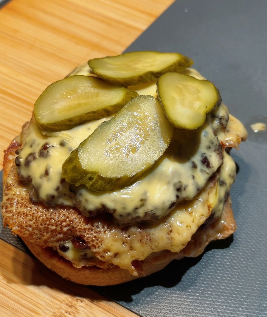Four slices of green pickles arranged on top of a double cheeseburger patty sitting on a bun.