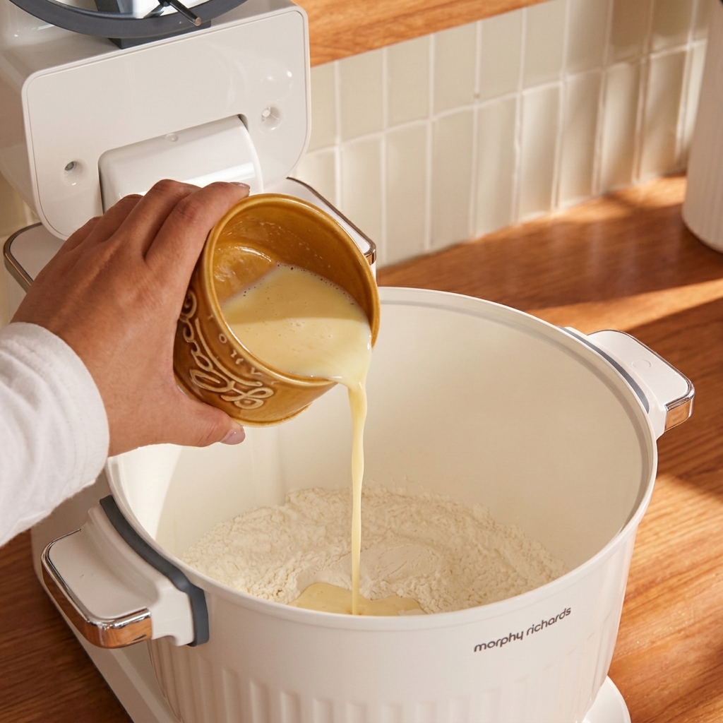 A hand pouring milk from a small cup into a white stand mixer bowl filled with dry ingredients.