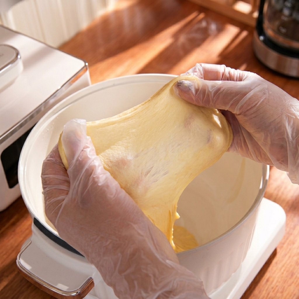 Gloved hands pulling a piece of dough apart to reveal a rough, thick film.