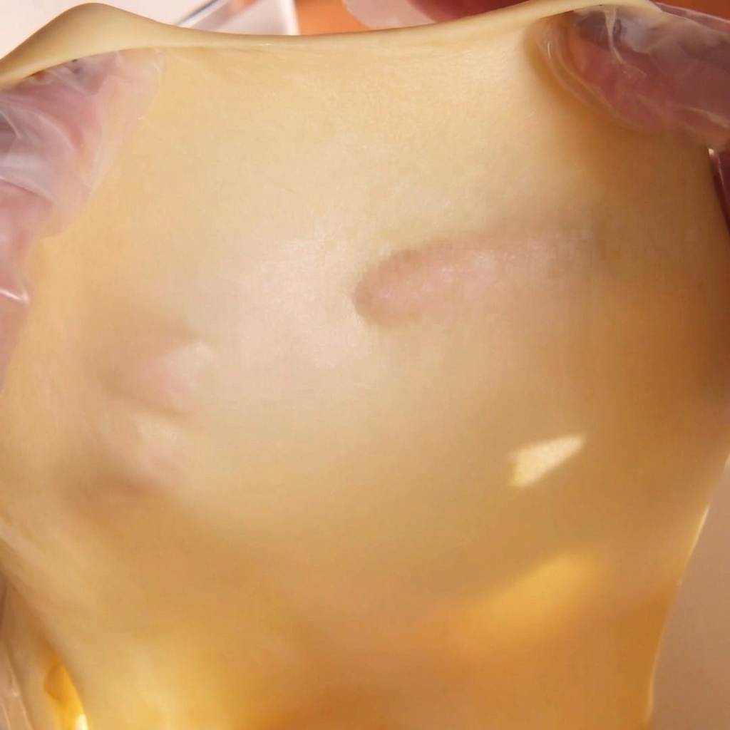 Gloved hands stretching dough into a very thin, almost see-through membrane.