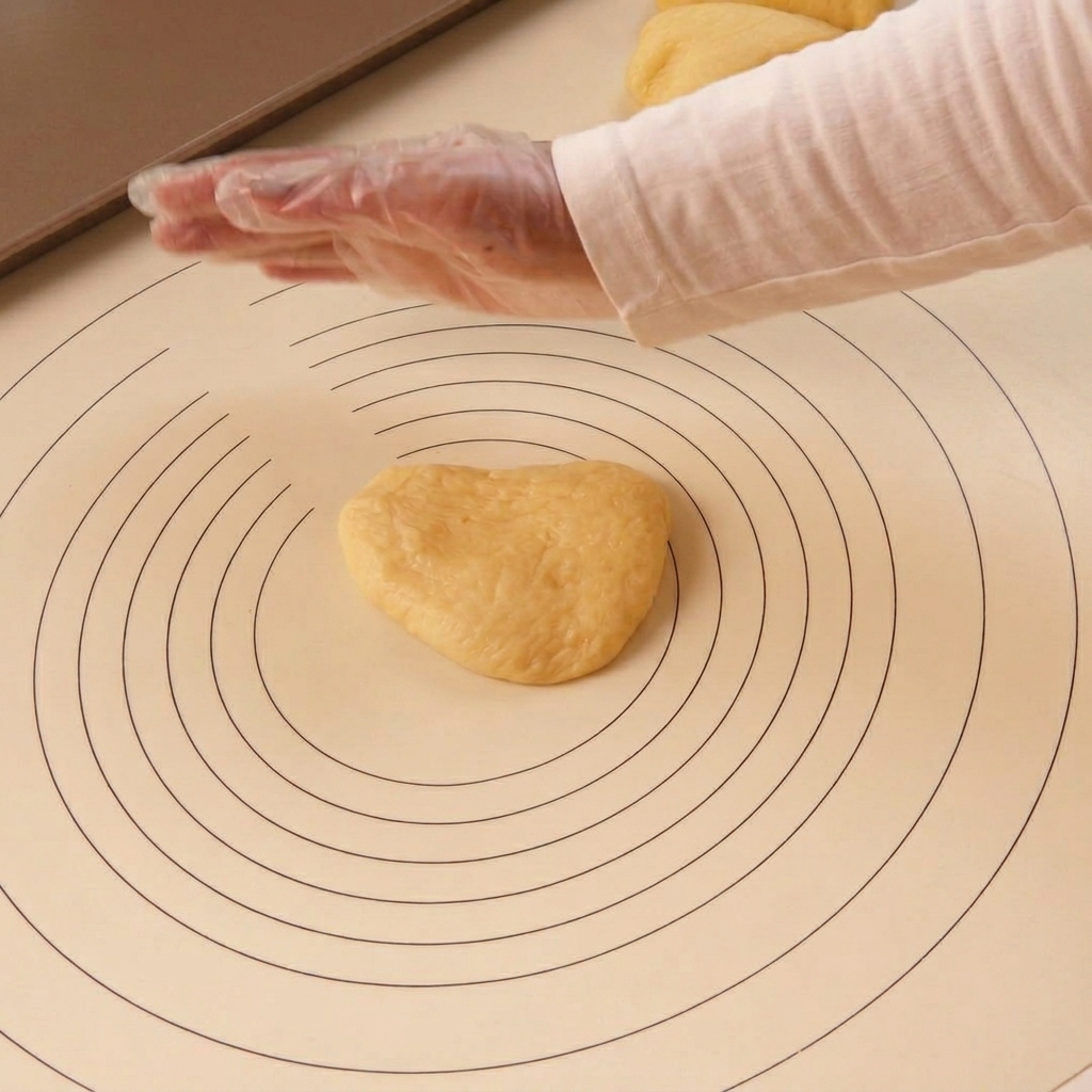 A gloved hand rolling a piece of dough in a circular motion to form a smooth ball on a baking mat.