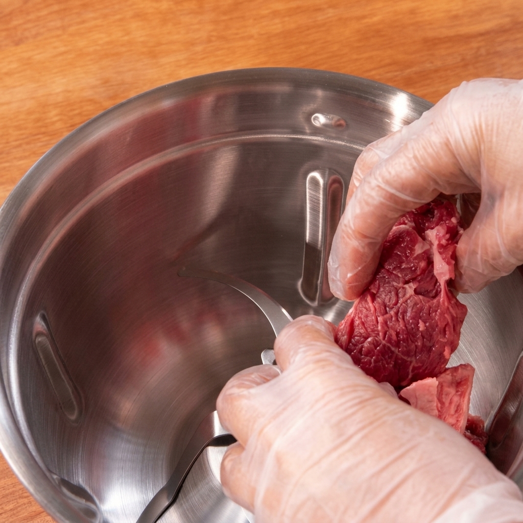 Gloved hands placing chunks of bright red raw beef into a clean stainless steel food processor bowl.