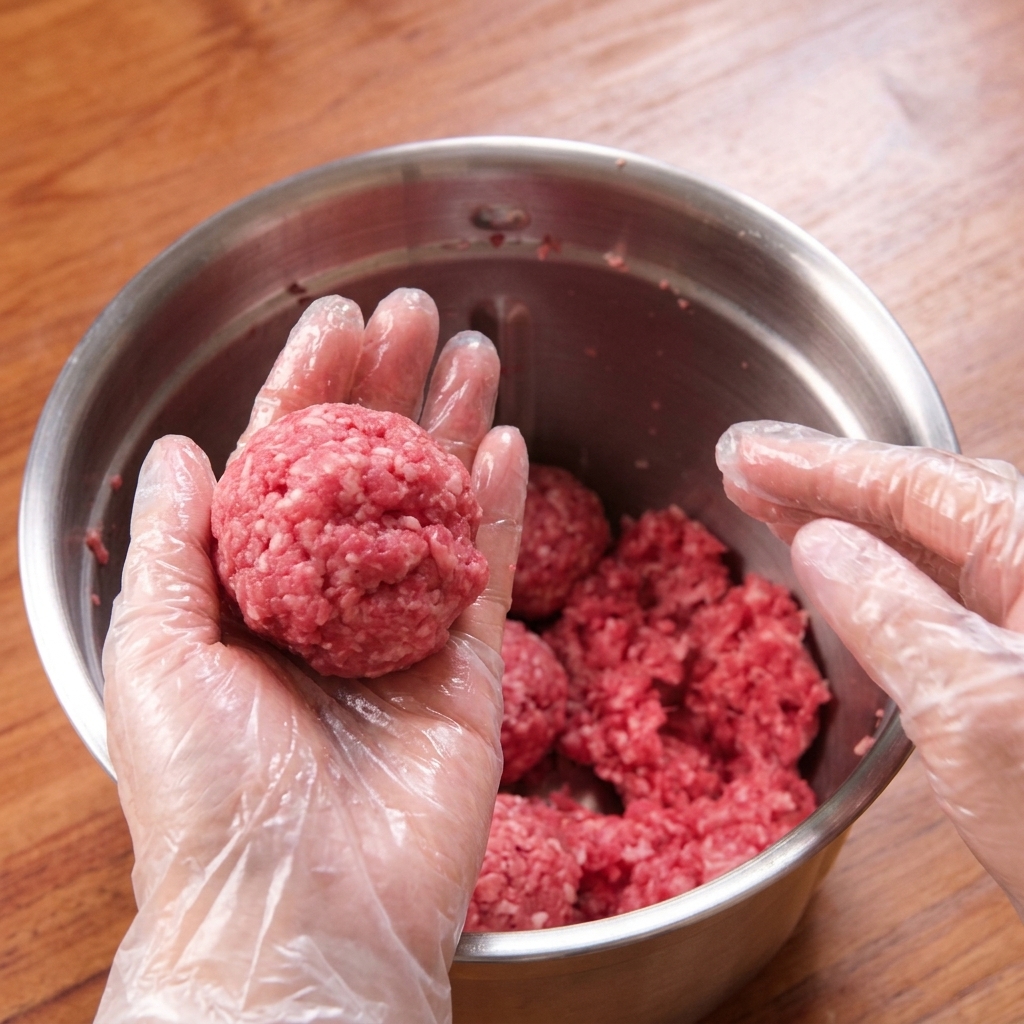 Gloved hands firmly holding and shaping a textured ball of raw ground beef over a metal bowl filled with more ground meat.
