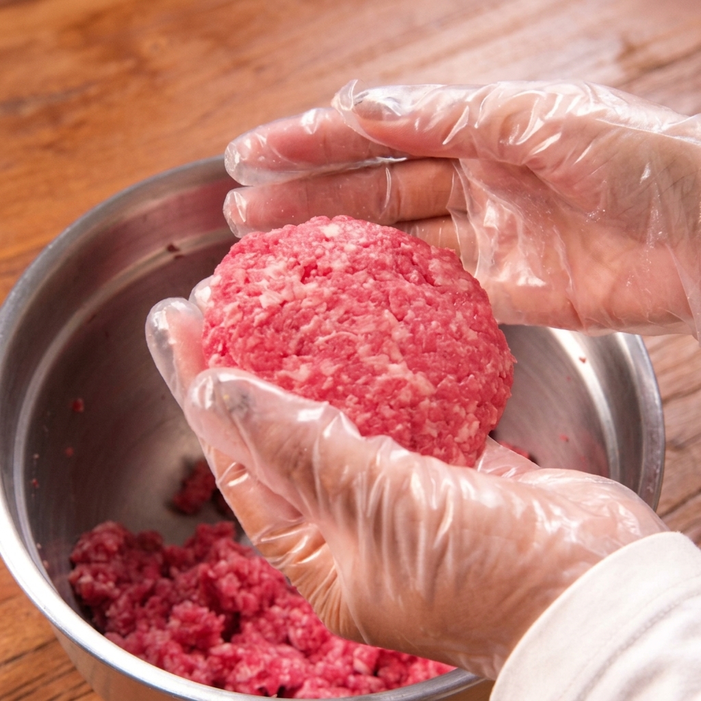 Gloved hands shaping a round ball of ground beef over a stainless steel mixing bowl.