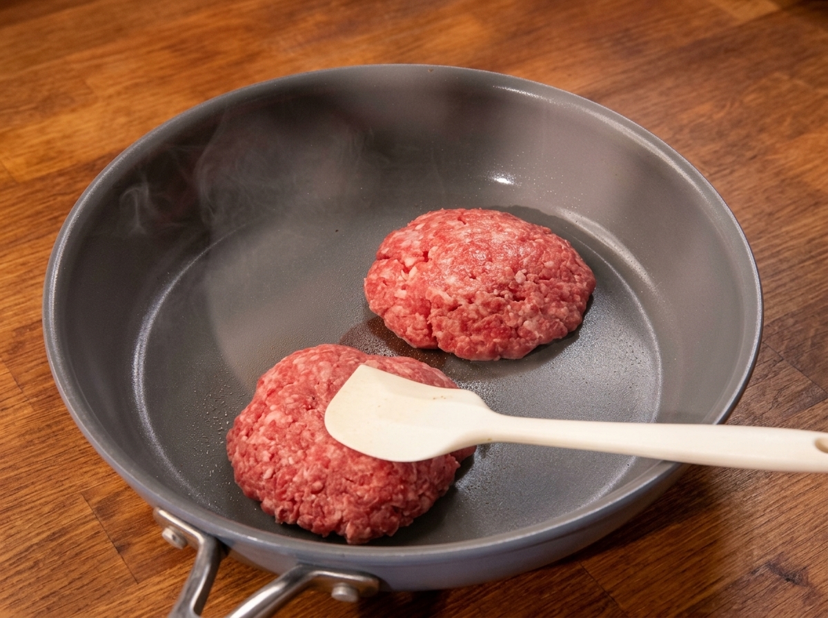 Two raw beef patties searing in a hot grey skillet, with a white spatula gently pressing down on one.