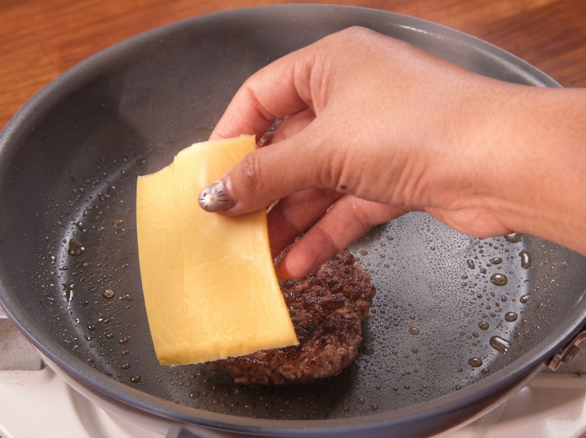 A hand placing a square slice of yellow cheese directly onto a freshly flipped, seared beef patty cooking in a pan.