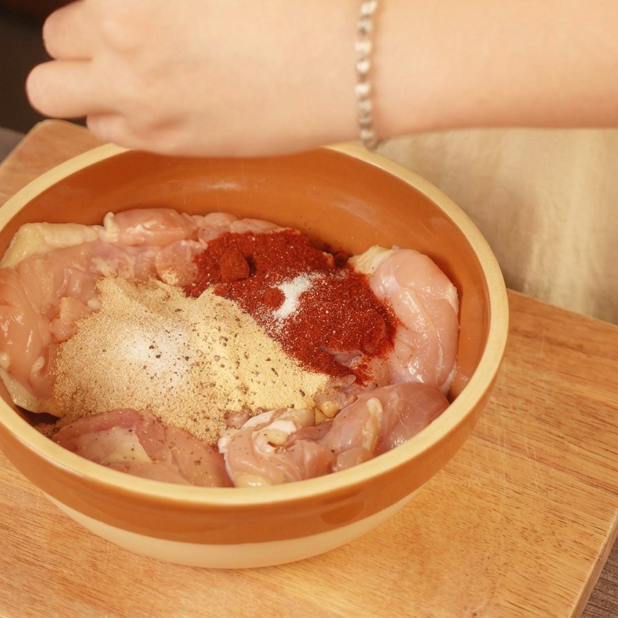 A person grinding black pepper over raw chicken thighs coated with paprika and garlic powder in a brown bowl.