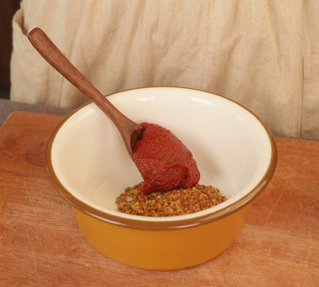 A wooden spoon placing a dollop of thick red chili paste onto a bed of whole grain mustard in a yellow bowl.