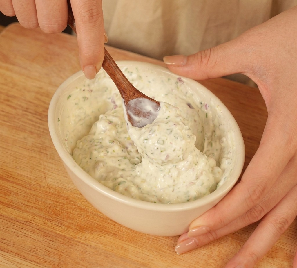 A wooden spoon stirring a thick, white creamy sauce filled with bits of red onion and green herbs in a white oval bowl.