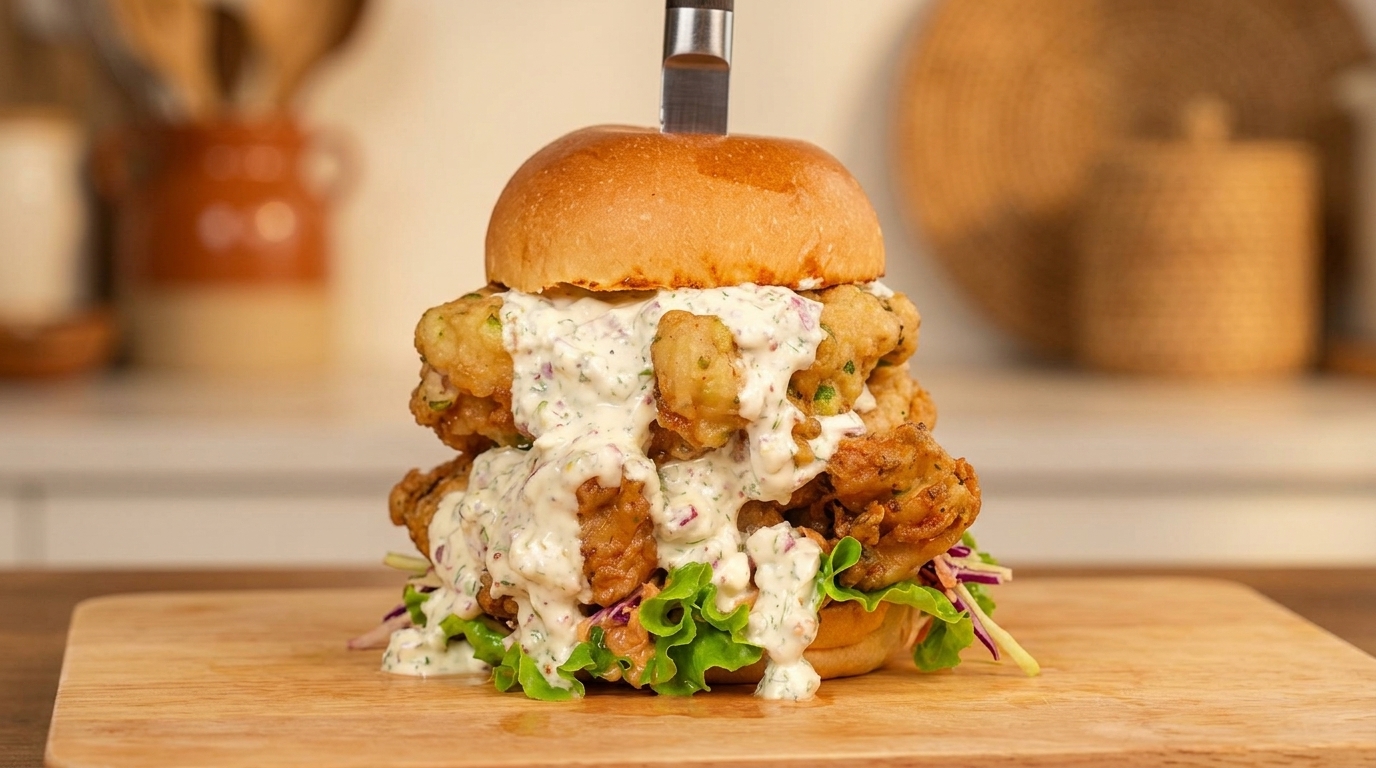Double-Layer Fried Chicken Burger with Scallion Batter & Onion Yogurt Sauce