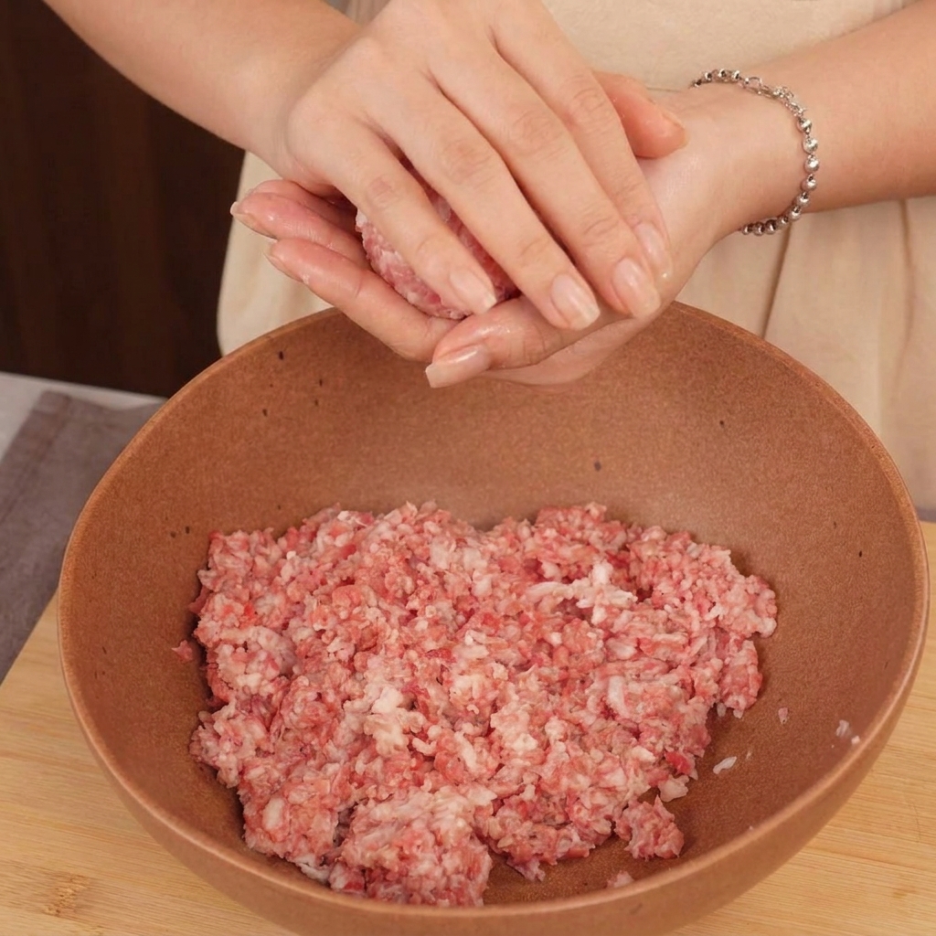 A persons hands gently rolling and shaping a ball of raw ground beef over a large brown bowl of minced meat.