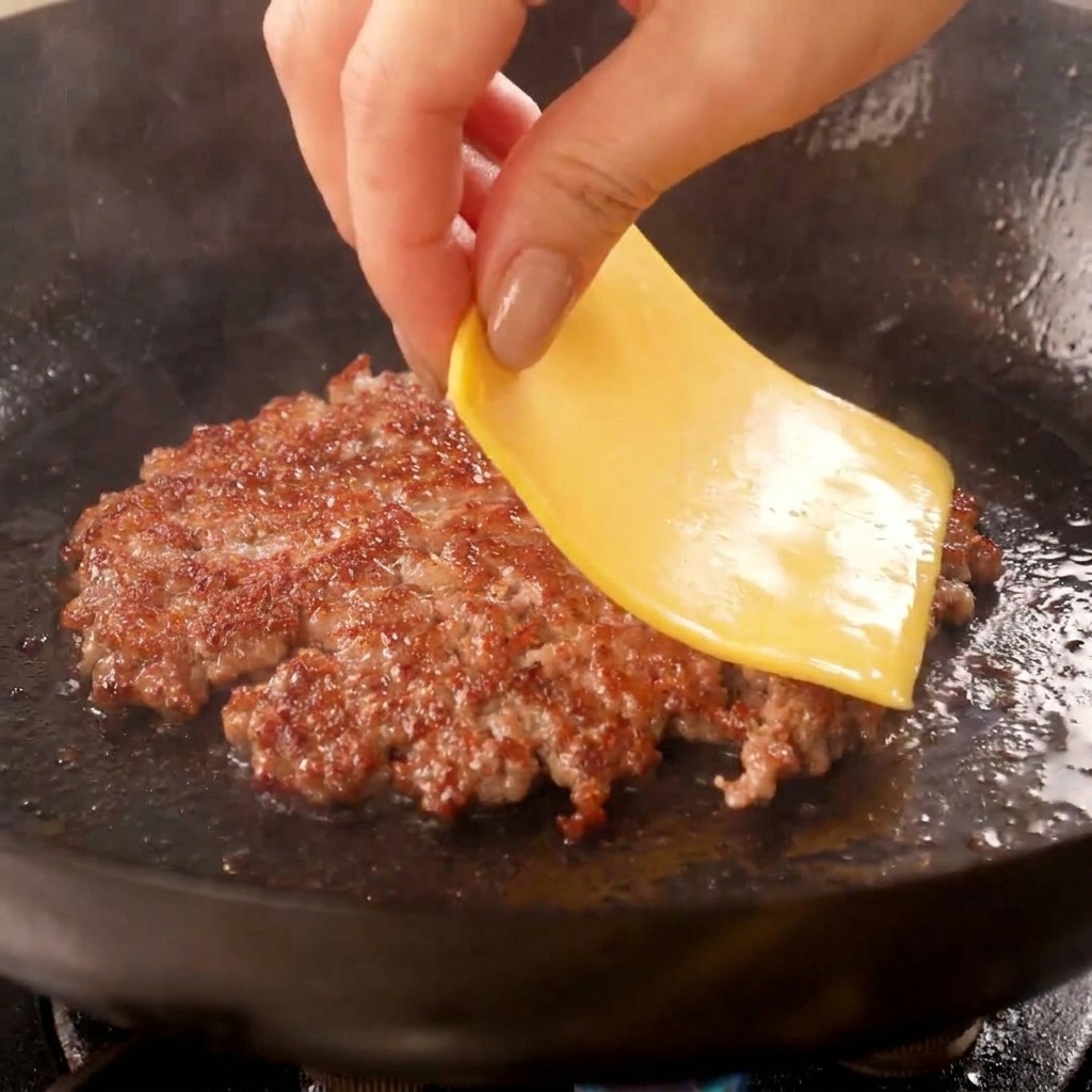 A hand placing a square slice of yellow cheese on top of a flattened, crispy seared beef patty cooking in a wok.