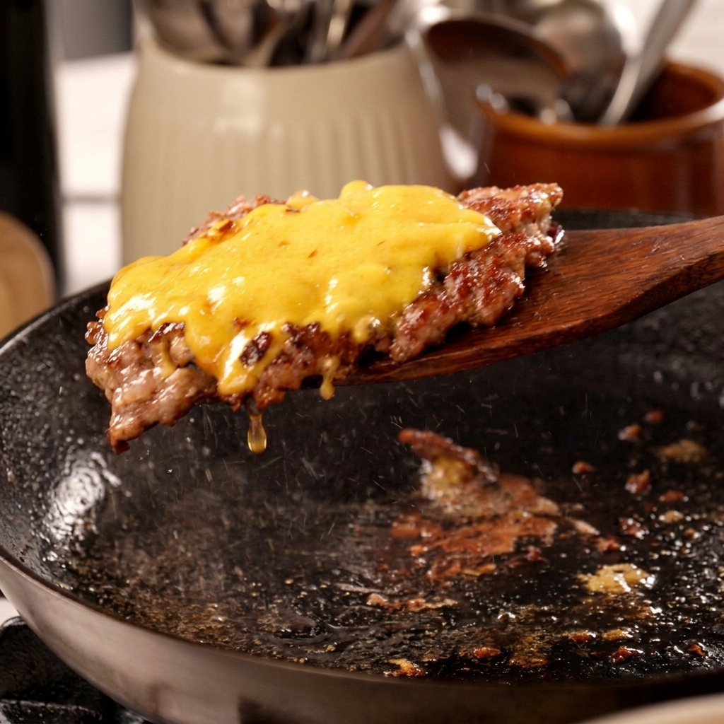 A close-up shot of a juicy beef patty topped with melted yellow cheese being lifted from a hot frying pan with a wooden spatula.