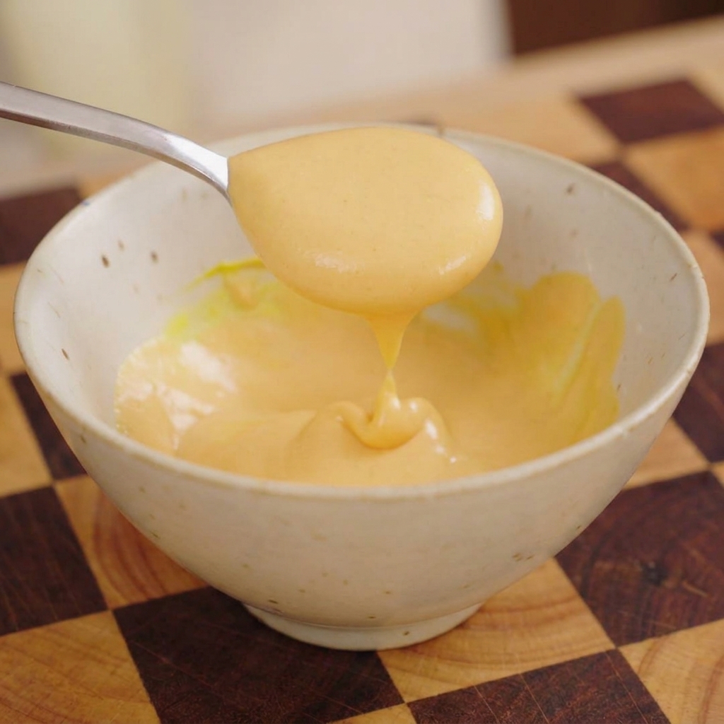 A spoon mixing a smooth, pale yellow burger sauce in a small ceramic bowl.