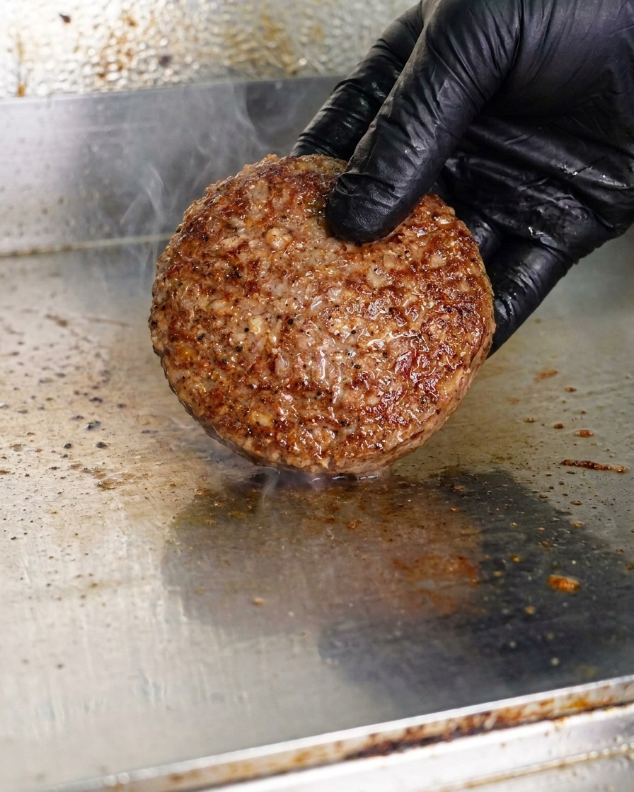A hand wearing a black glove placing a ball of raw ground beef onto a heated metal griddle.