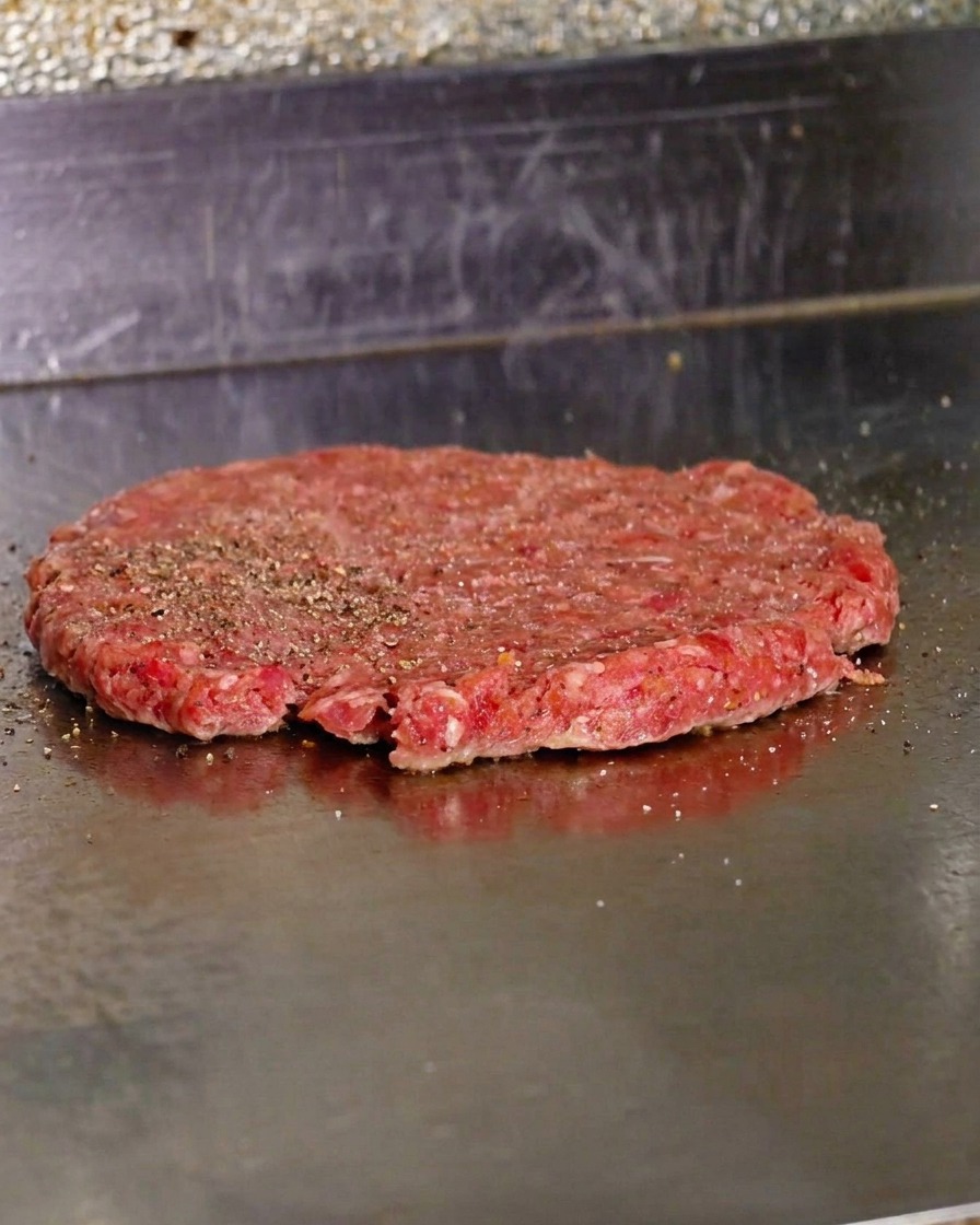 A flattened raw beef patty on a griddle, visibly seasoned with coarse black pepper.