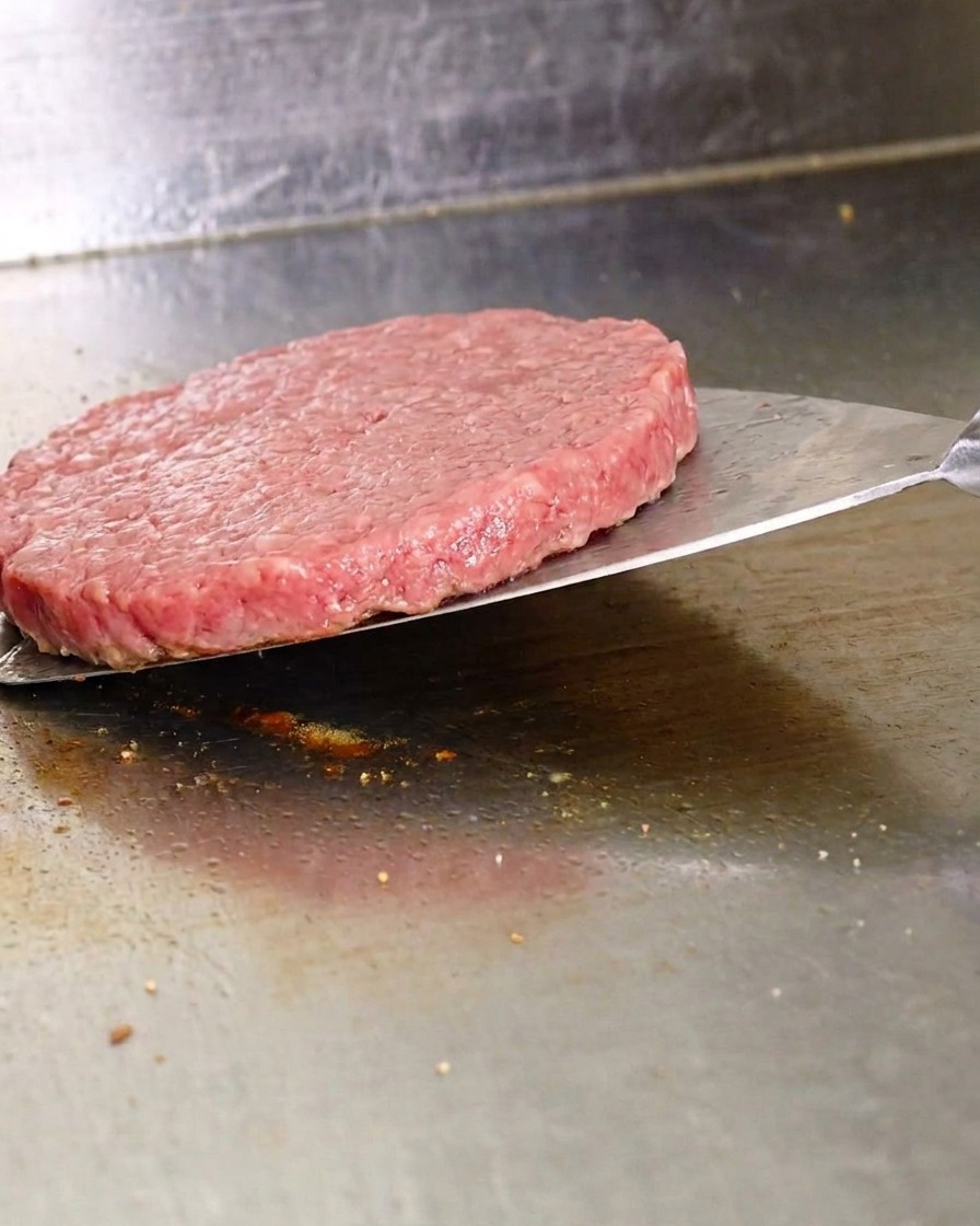 A metal spatula lifting a thin beef patty off a hot griddle to flip it.