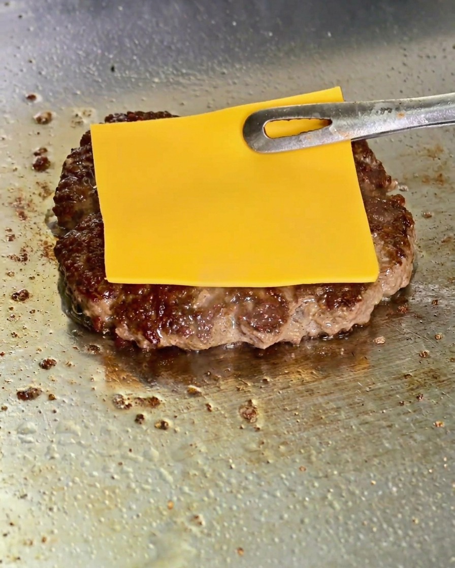 Metal tongs placing a square slice of yellow cheese onto a browned burger patty cooking on a griddle.