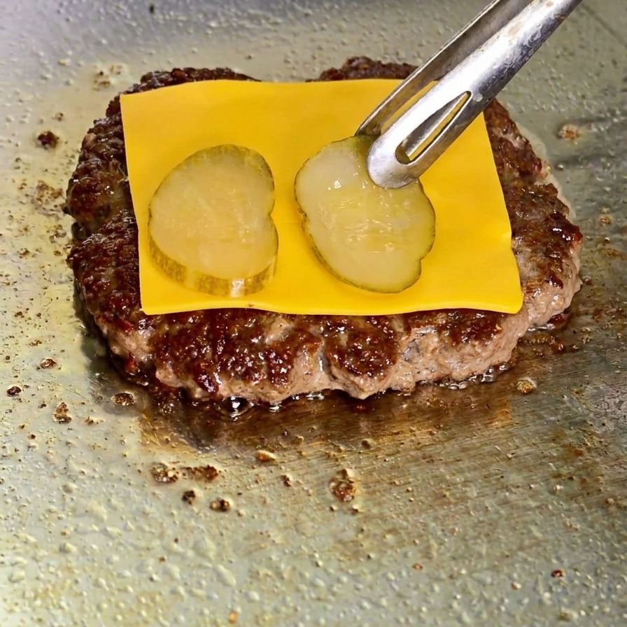Metal tongs placing a third crinkle cut pickle slice onto a square of melting yellow cheese covering a seared beef patty on a griddle.