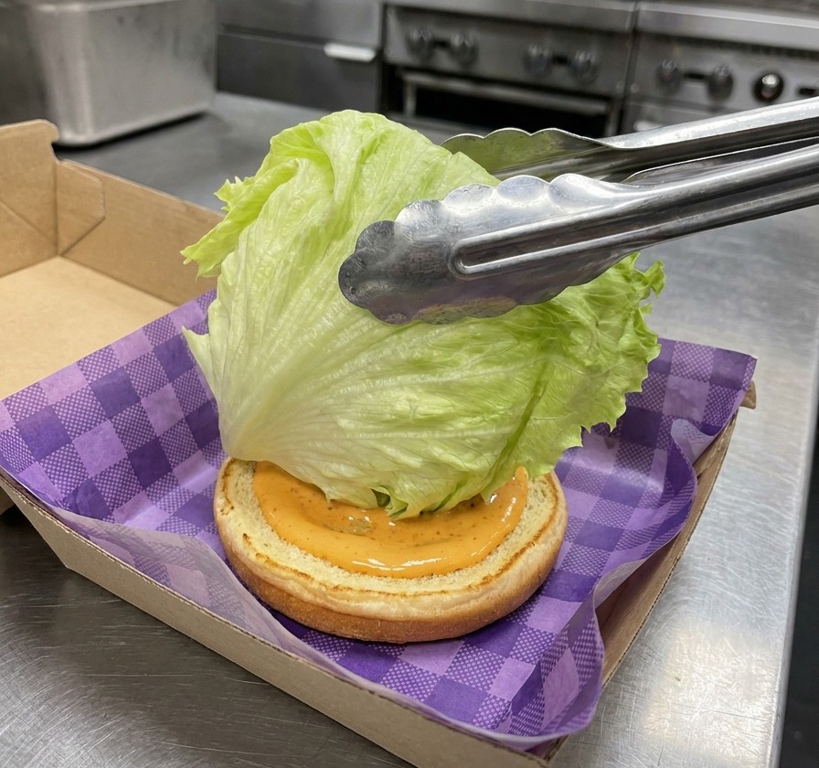 Metal tongs holding a large, ruffled leaf of green iceberg lettuce over a toasted bun spread with orange sauce.