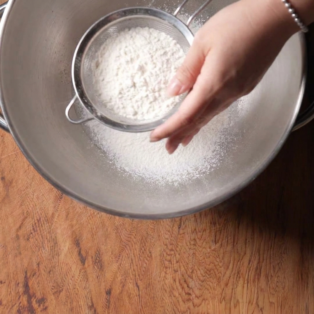 Sifting white high-protein bread flour through a fine mesh strainer into a large stainless steel mixing bowl.