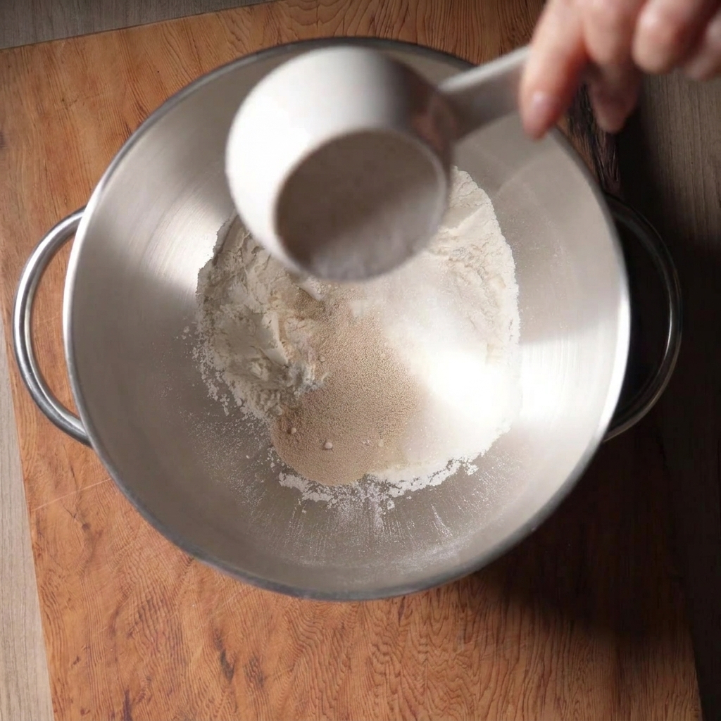 A hand pouring flour from a measuring cup into a stainless steel stand mixer bowl containing other dry ingredients.