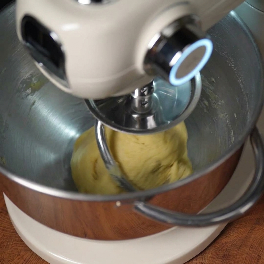 A stand mixer with a dough hook attachment kneading a rough yellow dough in a stainless steel bowl.