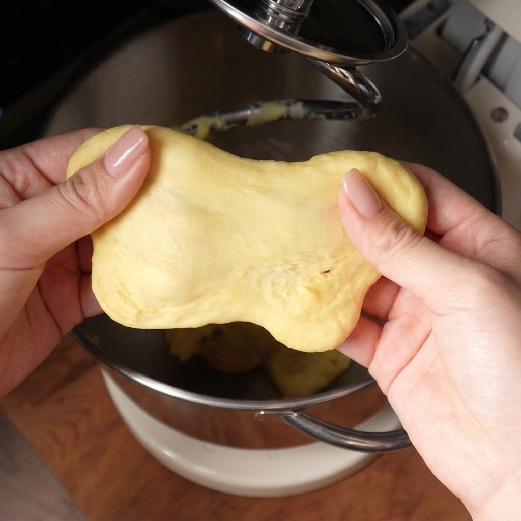 Two hands gently stretching a piece of yellow dough to show a thick texture that easily tears.