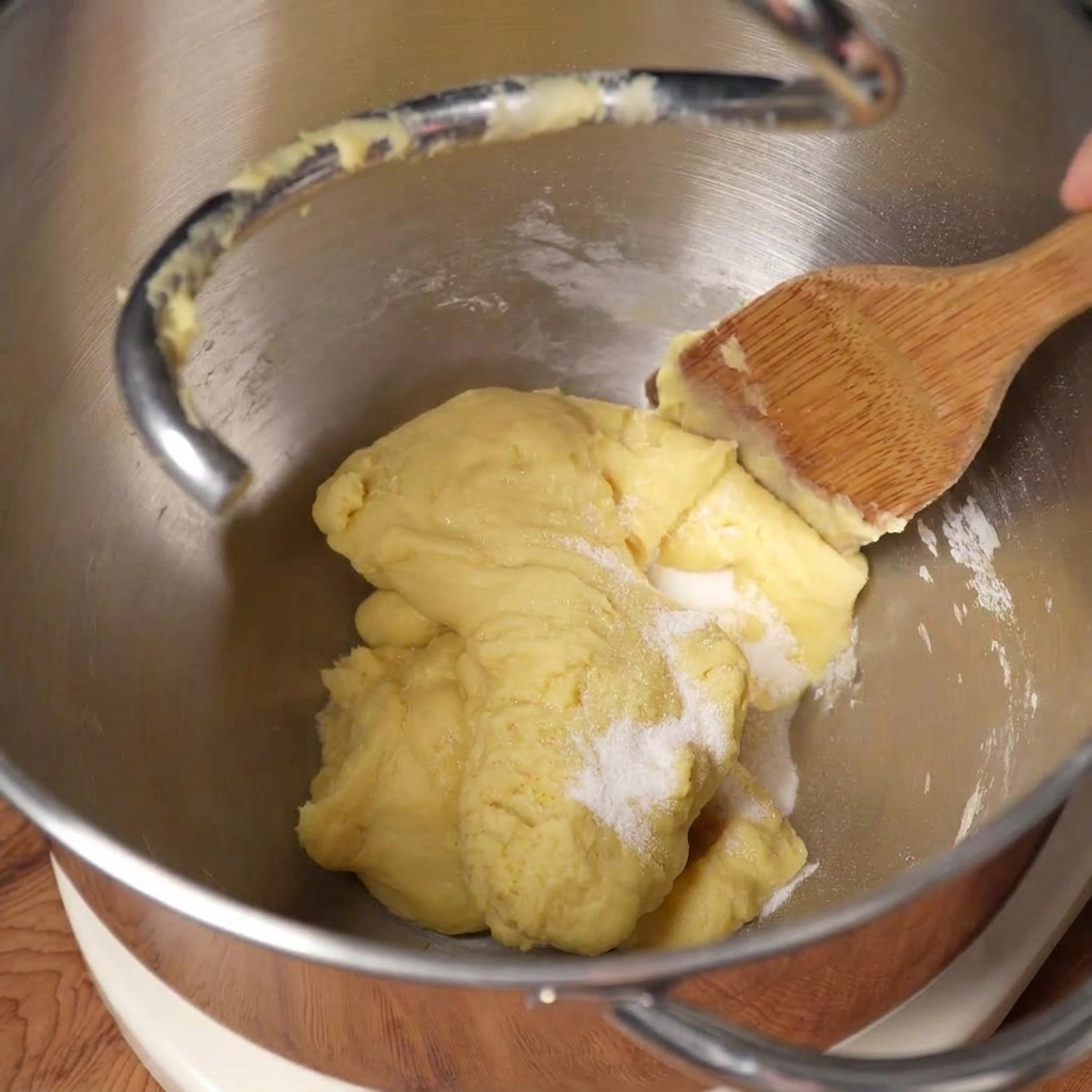 Salt and butter being added to partially kneaded dough in a mixer bowl, with a wooden spatula resting on the dough.