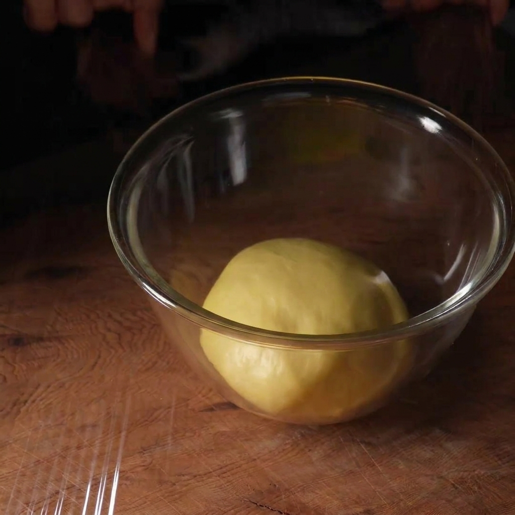 A smooth, round ball of yellow dough resting in a glass bowl, being covered tightly with clear plastic wrap.