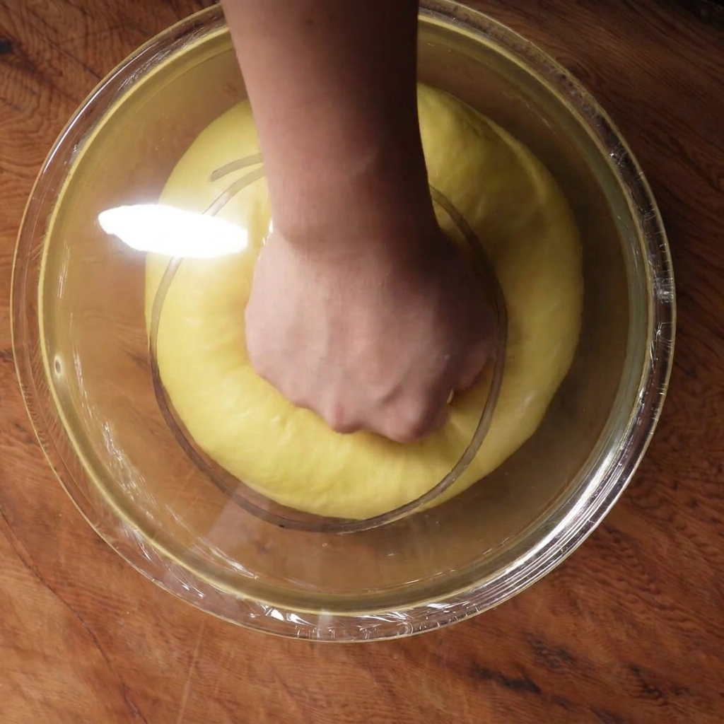 A hand pressing down into a smooth, yellow dough inside a large glass bowl to deflate it.